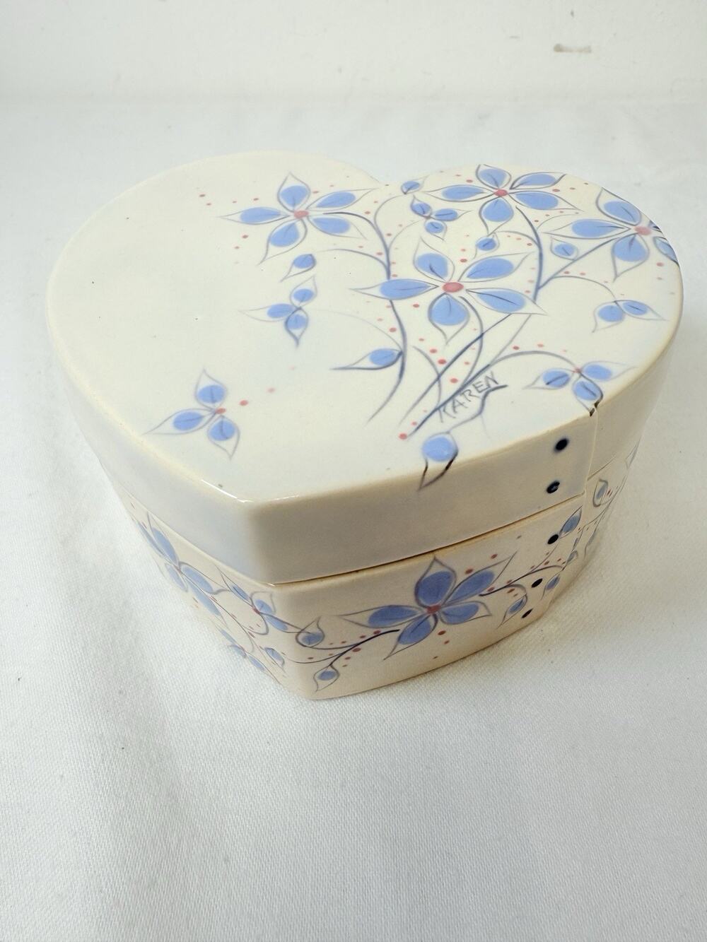 Heart Shaped Ceramic Blue Floral Trinket/ Jewelry Box